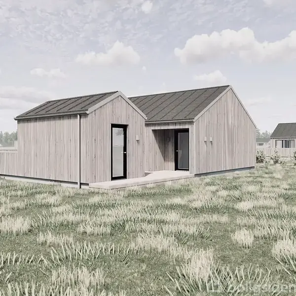 Et moderne træhus med to sektioner står i en åben græsplæne. Bygningen har flade tage og store vinduer. I baggrunden ses et lignende hus og træer under en skyet himmel.
