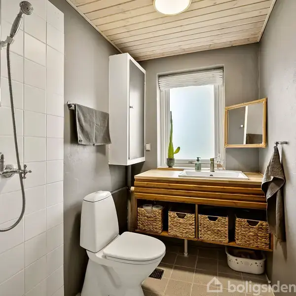 Badeværelse med bruser til venstre, toilet i midten, og vask på træbord med kurve under. Vindue med persienner bag vasken. Lysegrå vægge og loft med træpaneler.