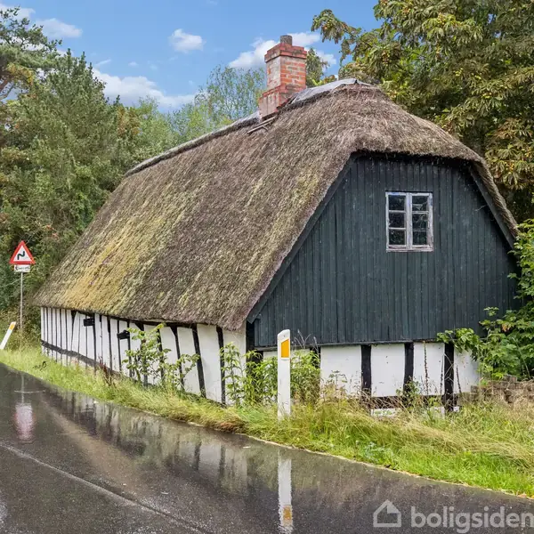 Et stråtækt bindingsværkshus står stille ved vejen, omgivet af grønne planter og træer. Et vejskilt advarer om en farlig venstresving.