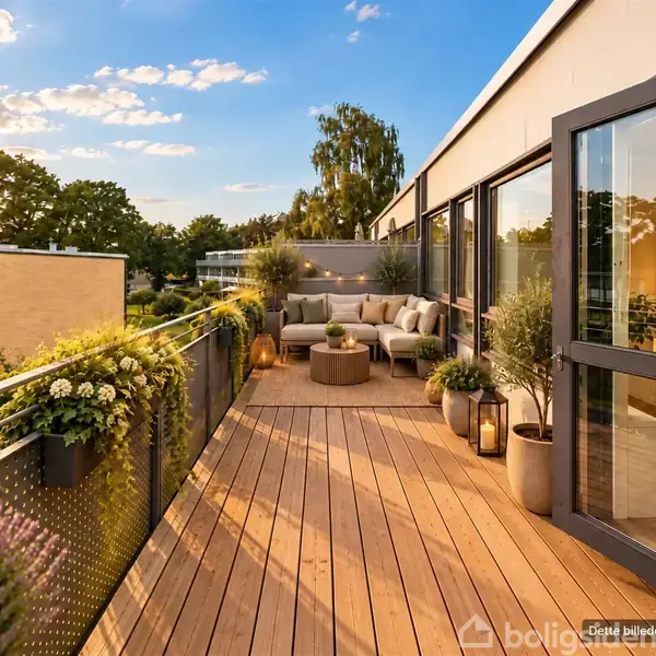 Terrasse med trædæk indeholder sofaarrangement, planter og lanterner, badet i solnedgangens lys. Omkranset af moderne bygninger og grønne træer i baggrunden.
