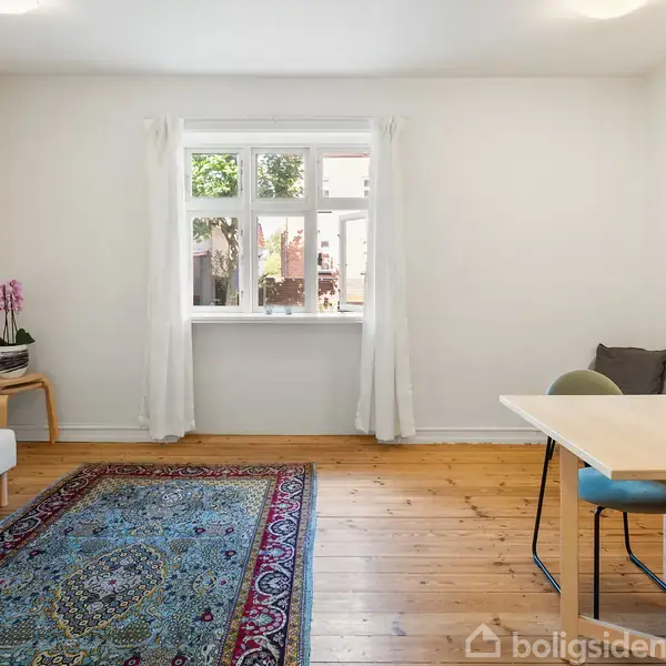 Et lyst rum med trægulv. En sofa står til venstre, mens et spisebord med stole er til højre. Et farverigt tæppe ligger på gulvet, og der er en orkidé på en skammel ved vinduet.