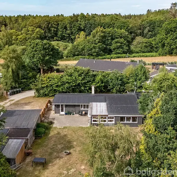 Hus med sort tag omgivet af træer og grønne områder. Flere udhuse ved siden af grusvej i landligt område med skov i baggrunden.
