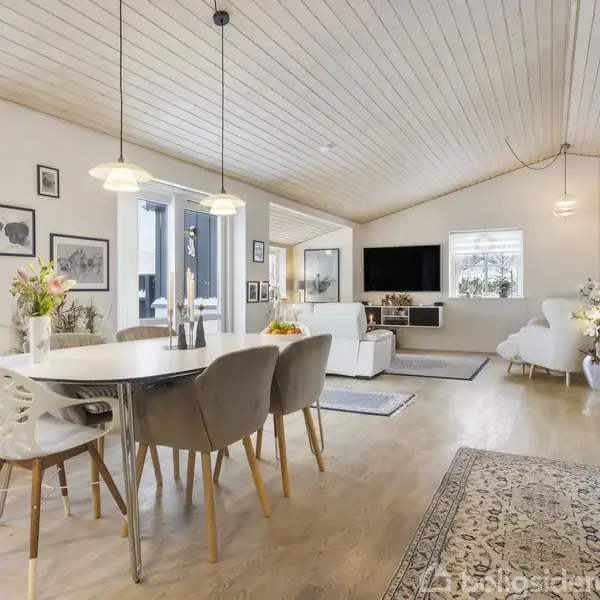 Spisebord med stole står i en moderne stue med træloft og parketgulv. Rummet er indrettet med sofa, tv og dekoreret med billeder og planter. Lys strømmer ind fra vinduerne.