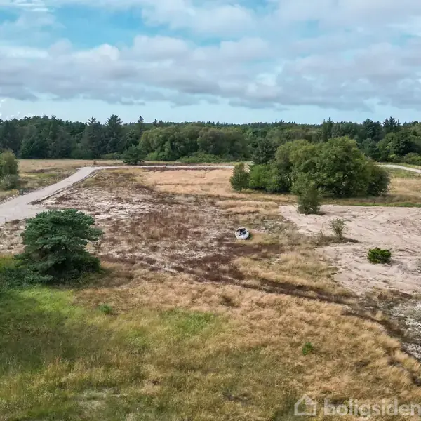En åben mark med spredt vegetation grænser op til en grussti. Området er omgivet af skov. En delvist bygget struktur ses til højre. Himmel med skyer i baggrunden.