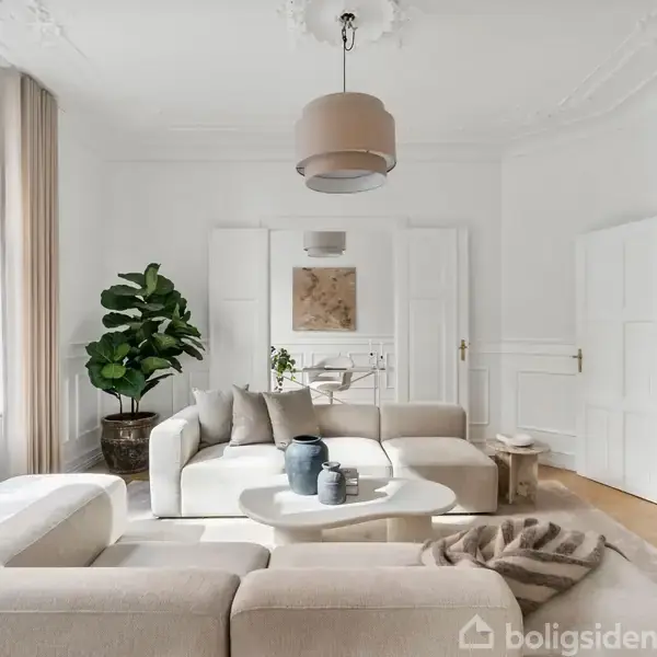 En lys stue med en stor, lys beige sofa, et rundt sofabord med to vaser, en stor grøn plante i hjørnet og høje vinduer med gardiner.