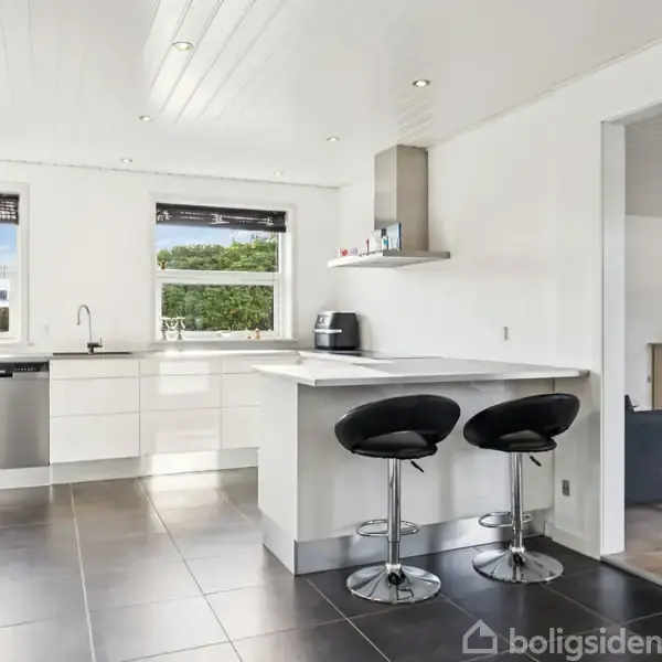 Køkken med hvide skabe og stål opvaskemaskine står i solrigt rum. To vinduer bagved lader lys ind. To sorte barstole står langs en hvid bar, med åbning til opholdsstue.