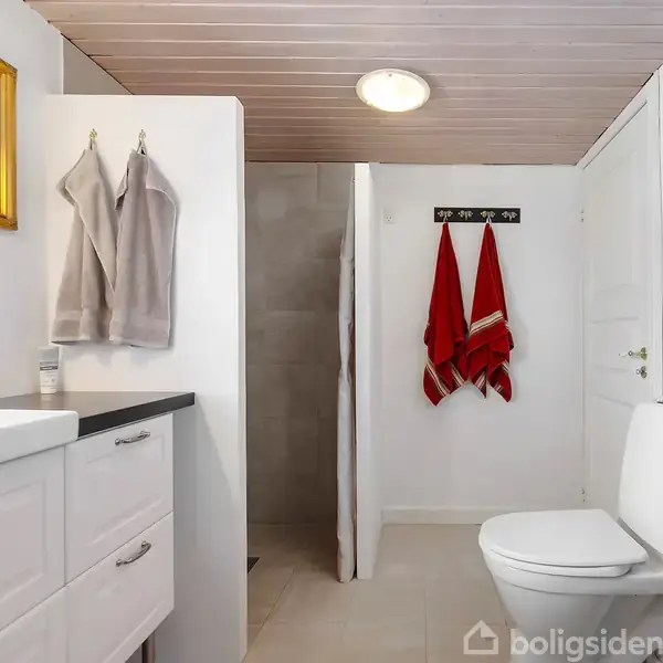 Hvidt badeværelse med toilet og håndvask til venstre. Grå håndklæder hænger ved spejlet. Røde håndklæder på knager. Grøn plante ved toilettet. Skillevæg adskiller bruseren.