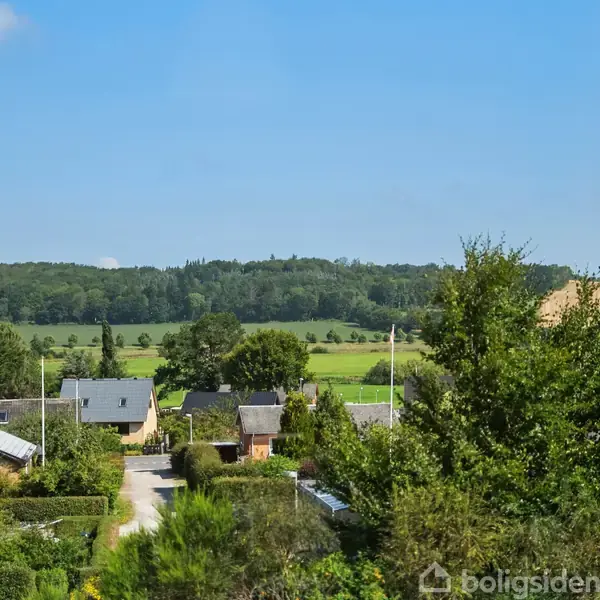 Landsbyhuse står stille under en klar blå himmel, omgivet af grønne træer og en frodig mark i baggrunden. Ingen tekst er til stede.