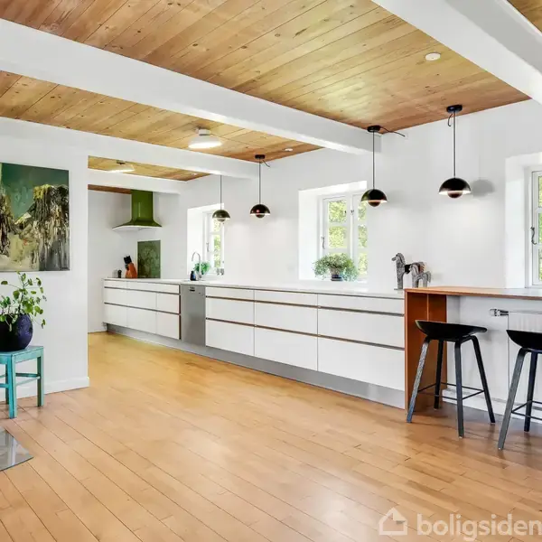 Brændeovn står varm i moderne køkken med trægulv, hvide skabe og træloft. To vinduer bagved lukker lys ind. Sort barstol ved køkkenø. Grønne planter tilføjer farve.