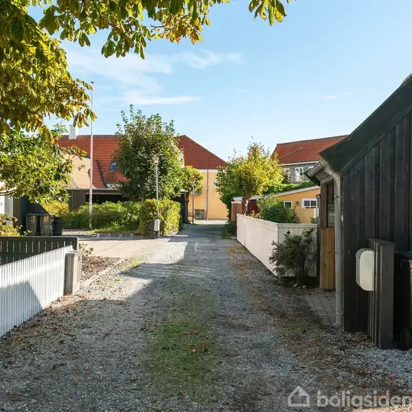 En grusvej med hvide og sorte træhegn fører forbi træer og buske mod huse med røde tegltage i en solrig forstadsmiljø.