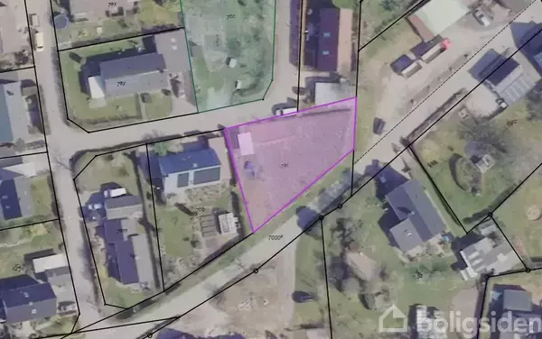 En triangulær matrikel er markeret med en lilla omridslinje, omgivet af gader og flere huse. Området er tydeligt opdelt i forskellige matrikler.