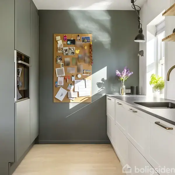 Korktavle hænger på væggen med fotografier og noter. Køkken med hvide skabe, sort bordplade, vase med lilla blomster. Sollys skinner ind gennem vinduet, skaber en lys atmosfære.