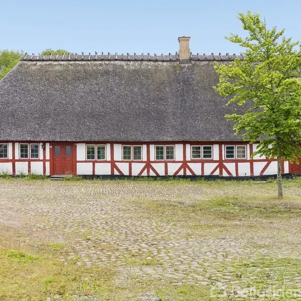 Bindingsværkshus med stråtag står på brolagt gårdsplads. Et lille træ vokser ved siden af huset, omgivet af grønne buske og træer i baggrunden. Ingen tekst synlig.