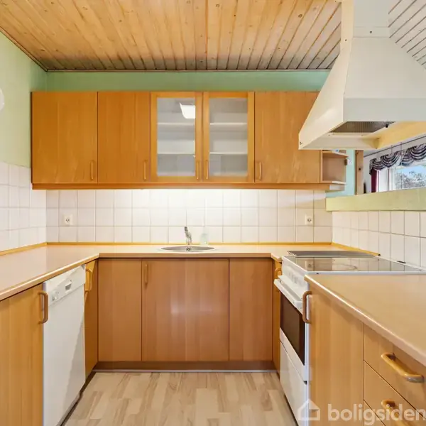 Køkken med træskabe og hvid emhætte. Der er en vask i midten og en opvaskemaskine til venstre. Væggene er lysegrønne med hvide fliser.