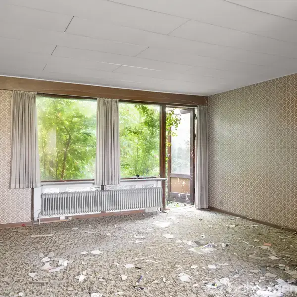 Et tomt, forladt rum belagt med mønstret tæppe. Tapetet er delvist revet af væggen. Store vinduer med gardiner vender mod en frodig, grøn udsigt udenfor. Ingen tekst registreret.