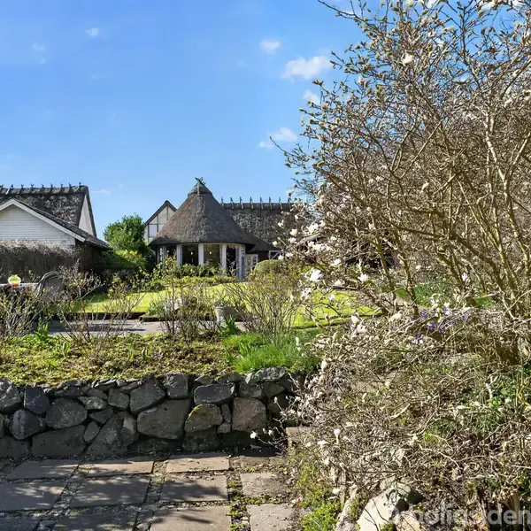 Et stråtækt hus står stille i en frodig have med stensti og terrasse. Omkring er buske og blomstrende træer under en blå himmel med spredte skyer.