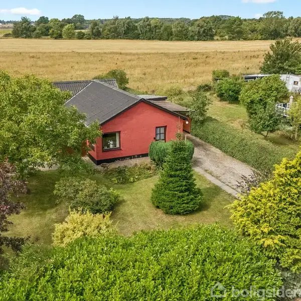 Rødt hus står i en frodig have med forskellige træer og buske, beliggende i et landligt område med gyldne marker i baggrunden og naboens tag tæt ved.