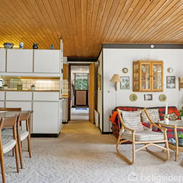 Stue med spisebord og stole i venstre side, sofa med tæpper og puder samt to lænestole til højre. Den lyse stue har træloft, tæppe på gulvet og en åben køkkenindsigt.