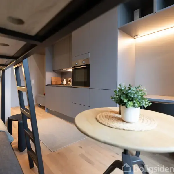 En stue med en sovesofa under en hems og et rundt bord med en plante. Et moderne køkken med indbyggede skabe og ovn ses i baggrunden.