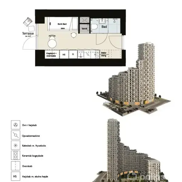 Etageplan med terrasse og møbler vises øverst. Nedenunder er der to perspektivbilleder af en høj, moderne boligbygning. Ikonerne til venstre repræsenterer ovn, opvaskemaskine og køleskab med fryseboks.