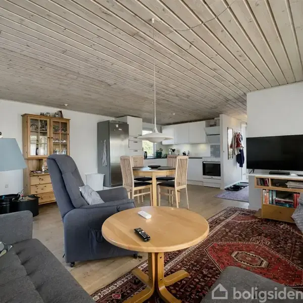 Stue med sofa og lænestol i forgrunden, sofabord i midten. Brændeovn til venstre. Køkken i baggrunden. Tæppe på gulvet og fjernsyn til højre. Lysindfald fra vinduer.