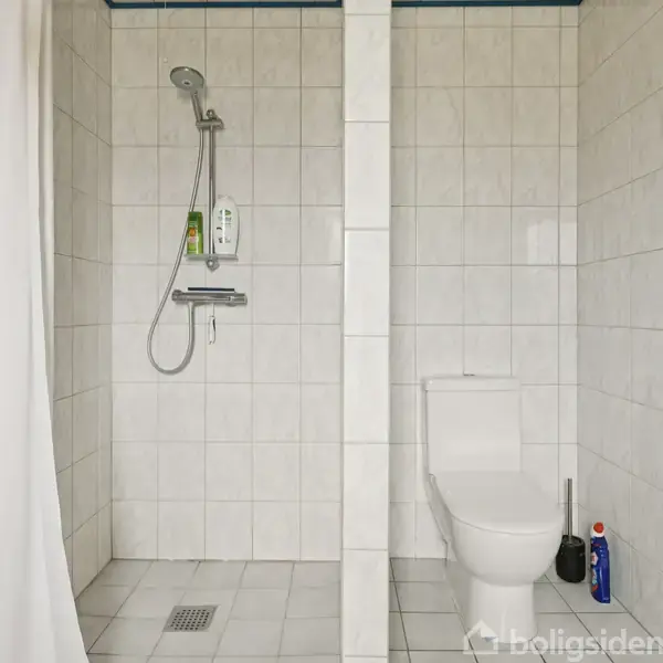 Brusekabine og toilet separeret af en halv væg i et flisebeklædt badeværelse. Til venstre hænger et forhæng og nogle håndklæder. Toiletrulleholderen er placeret ved siden af toilettet.