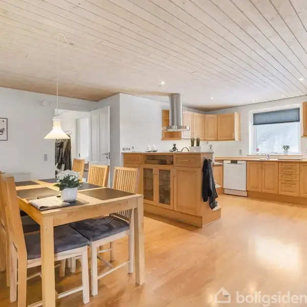 Et køkken-alrum med træbord og seks stole, træloft og parketgulv. Køkkenet har træskabe, køkkenø og hvidevarer. En lampe hænger over bordet, og der er en plante på bordet.