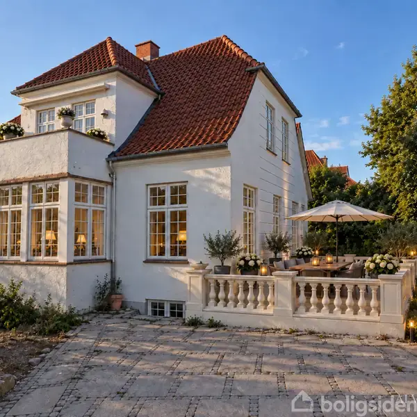 Huset står stille med en rød tegltag og hvide vægge. Terrasse med parasol og blomster dekorerer forhaven. Omgivet af grønne træer og buske.