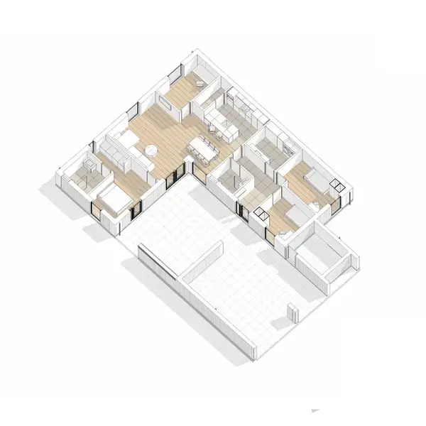 En 3D-planløsning viser en lejlighed med flere møblerede rum, inklusiv soveværelser, stue og køkken. Trægulve dækker de fleste områder, mens nogle har fliser. Lejligheden har en balkon.