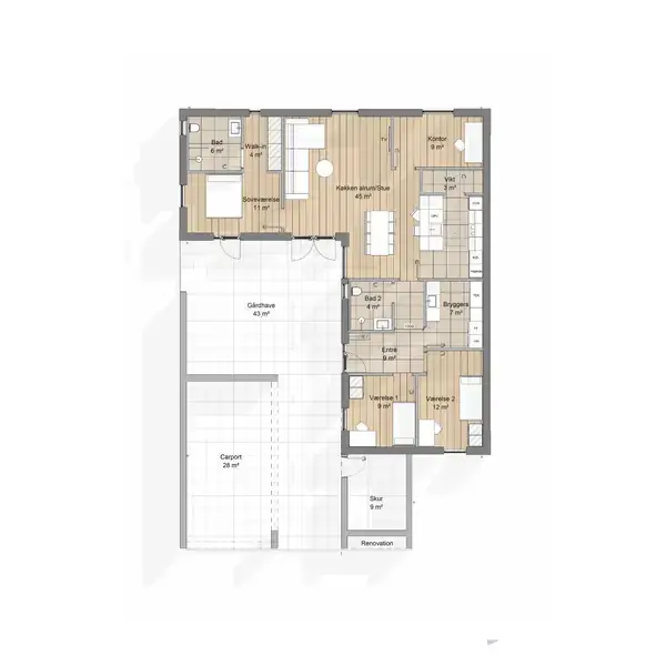 Plantegning viser ruminddeling i et hus med køkken/alrum, to værelser, stue og badeværelse. Carport og depot er placeret ved indgangen. Funktionelt layout med træbelagte gulve.