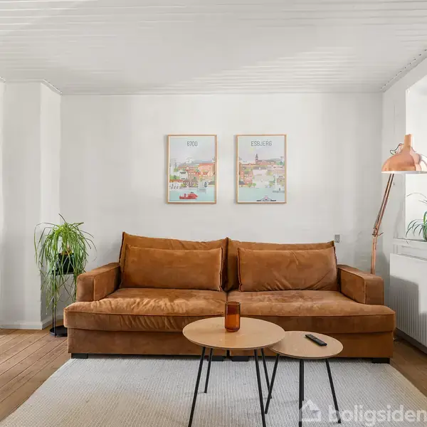 En brun sofa står i en stue med hvidmalede vægge. To runde sofaborde foran sofaen. Væggene har to kunstprint, og en gulvlampe står ved siden af sofaen.