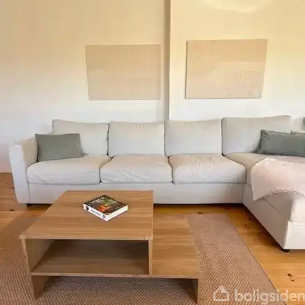 En lys sofa står mod en hvid væg med en lille firkantet sofabord foran. På sofabordet ligger en bog. Væggen har to rektangulære, minimalistiske dekorationer.