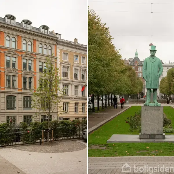 En bygning med klassisk arkitektur står foran en brolagt plads omkranset af hække. Ved siden af er en statue af en person på en sokkel, omgivet af træer i en park.