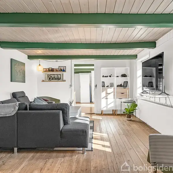 Stue med mørkegrå sofaer står på et trægulv. En vægmonteret fladskærm hænger over en radiator ved et vindue. Grønt bjælkeloft og reol i baggrunden giver en hyggelig atmosfære.