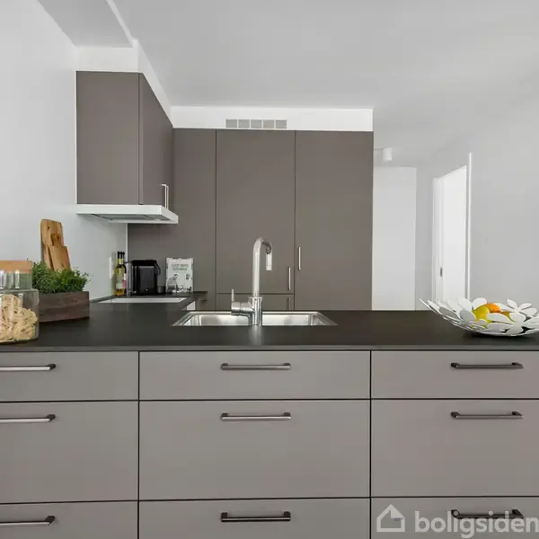 Et moderne køkken med grå skabe og sort bordplade. En vask med vandhane er midt i billedet. Omkring ligger glas, krydderurter og en skål med citroner.