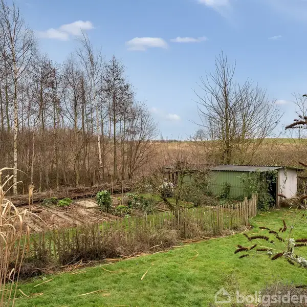 Et grønt græsareal med et lille træhegn omkranser en have med bladbærende buske. I baggrunden står høje, nøgne træer under en blå himmel med få hvide skyer. En lille bygning ses til højre.