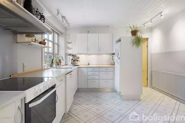 Køkken med hvide skabe, moderne apparater og en plante på en hylde. Sollys strømmer ind gennem vinduerne. Boligsiden.