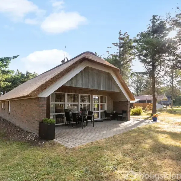 Et sommerhus med stråtag står stille på en græsplæne omgivet af høje træer. Foran huset er en flisebelagt terrasse med havemøbler.