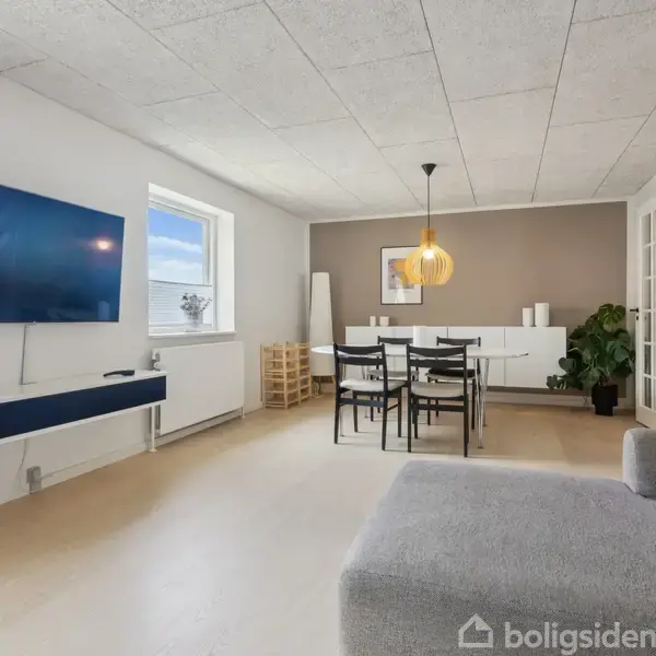 Fladskærms-TV hænger på væggen, ved siden af et vindue, i en stue med lysindretning. Spisebord står i baggrunden med stole og en lampe hængende over. En plante i hjørnet.