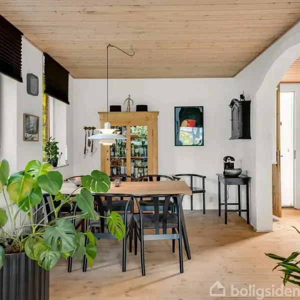 Spisebord med sorte stole står i et lyst rum med træloft. Store grønne planter pynter ved vinduerne, og en træreol ses mod væggen. En buegang fører til et andet rum.