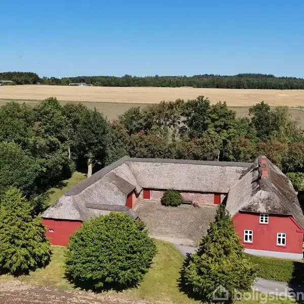 Rødt stråtækt bondehus omgiver en gårdsplads, omkranset af grønne træer og buske, beliggende i et åbent, landligt landskab med marker i baggrunden under en blå himmel.