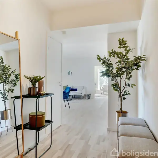 Spejl står på gulv, reflekterer planter og moderne indretning. Gang med lyse trægulve fører til stue. Stort vindue øger lysindfald. Intercom på væggen.