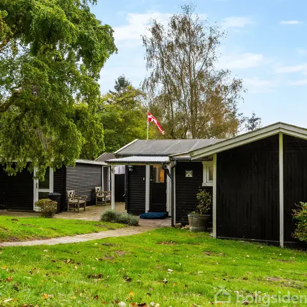 Sort træhus med dansk flag vajende, omgivet af frodige træer og grøn græsplæne. Stien fører til indgangen, mens buske og planter dekorerer området omkring huset.