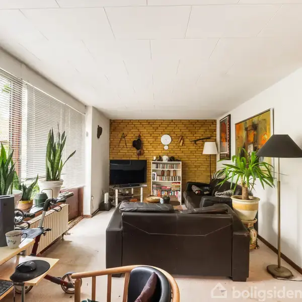 Stue med brun sofa, TV og reol mod murstensvæg. Grønne planter på gulv og vindueskarm. Skrivebord med computer ved siden af. Fyldt bogreol til højre.