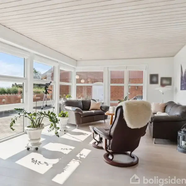 Stue med lænestol og sofa, badet i sollys fra store vinduer med udsigt til terrasse. Planter pynter rummet, og et TV står til venstre. Rummet er lyst og indbydende.