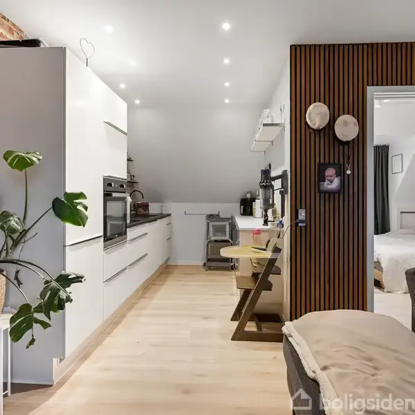 Køkkenområde med hvide skabe og indbyggede apparater, til venstre, en stor plante i kurv. Til højre, siddepladser ved træbord. Soveværelse ses gennem åbning.