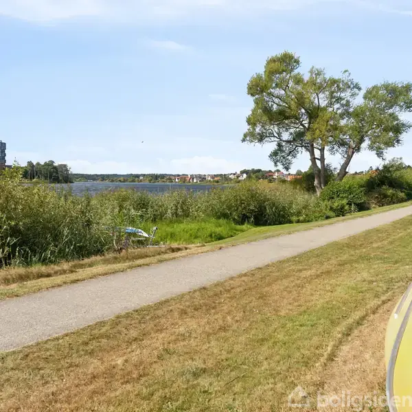 Kano ligger på en græsplæne ved siden af en sti, omgivet af buske og et stort træ; en sø og flere huse ses i baggrunden under en blå himmel.