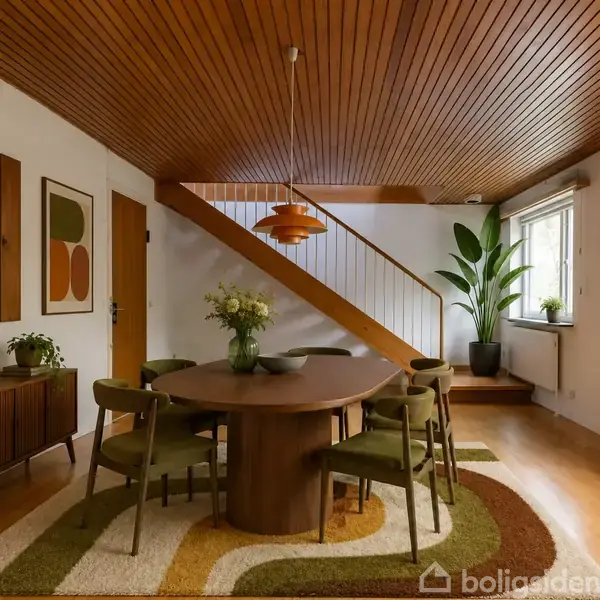 Rundt træbord med seks stole står på farverigt tæppe. Over bordet hænger en orange lampe. Rummet har træloft, planter og kunst på væggene. Trappe til øverste etage.