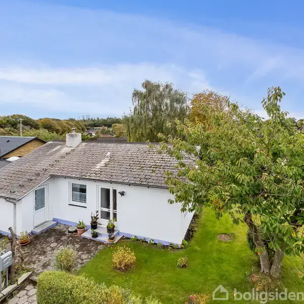 En hvid bungalow har grått tag, omkranset af en frodig have med træer og buske. Den ligger i et villakvarter med flere huse i det fjerne under en blå himmel.