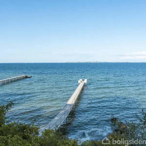 En lang badebro strækker sig ud i det blå hav. Broen er omgivet af frodig, grøn vegetation og lyseblå himmel.